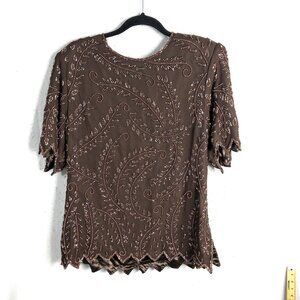 Vintage Monika Top Womens Large Chocolate Brown Heavy Beaded MOB Event NEW